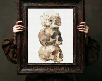 Three Skulls Cross Stitch Pattern PDF Digital Download Gothic Dark Victorian Medieval Halloween Embroidery Human Skull Cross Stitch Patterns