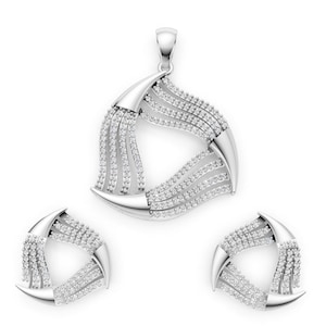 Sterling Silver Wave Jewelry Set: Monzonite Diamond Pendant & Earrings