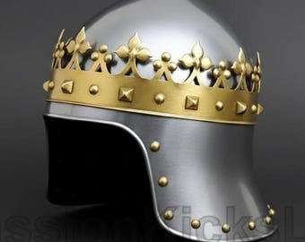 Medieval Monarch Knight Helmet | King Richard Lionheart Two-Tone Crown Armor Helmet | LARP Battle Hand Forged Costume Helmet