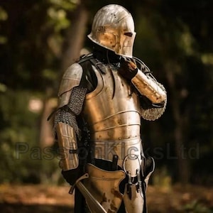 Puede incluir: Una armadura medieval completa en tono dorado, que incluye un yelmo, peto y protecci&oacute;n para brazos y piernas. La armadura se lleva sobre una prenda oscura, con cota de malla visible en las articulaciones. El fondo es un bosque borroso.