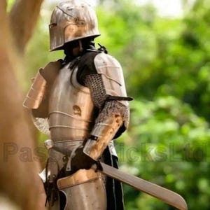 Puede incluir: Una armadura medieval, que incluye un casco, una placa para el pecho y protectores de brazos. La armadura es de metal y presenta cota de malla en los brazos. Una espada se sostiene en la mano derecha. El fondo est&aacute; borroso con follaje verde.