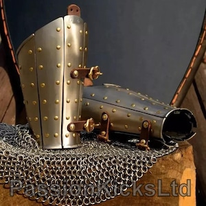 Medieval Steel Arm Bracers With Brass Rivets | Armor Vambrace | Adjustable Leather Strap Bracers For Vikings And Fantasy Cosplay Outfits