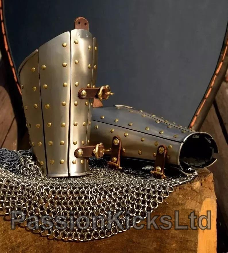 Medieval Steel Arm Bracers With Brass Rivets | Armor Vambrace | Adjustable Leather Strap Bracers For Vikings And Fantasy Cosplay Outfits