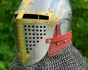 中世のスチール製ロア・バシネットヘルメット | チェーンメイル付きバシネット・ハウンスケルヘルメット | LARPコスチューム用騎士戦闘戦士アーマーヘルメット