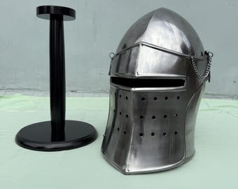 Medieval Armor Barbute Helmet | LARP Warrior Barbuta Armor Reenactment Helmet | Steel Barbute Helmet With Stand For Cosplay And Costumes
