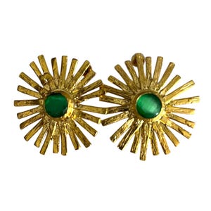 Gold Plated Sunburst Emerald Earrings – Tarnish-Free, Water-Resistant, Hypoallergenic