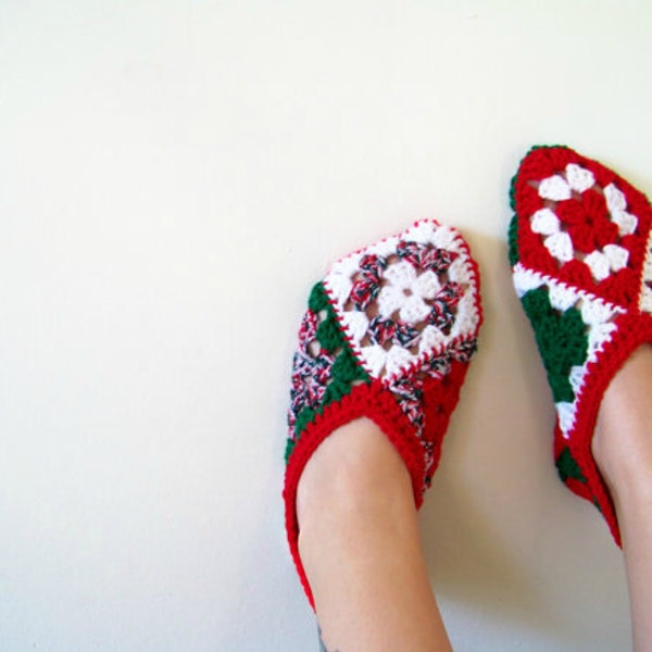 Holiday Granny Square Slipper Bootie Socks - Adult Size - Red White Green Sparkle OOAK