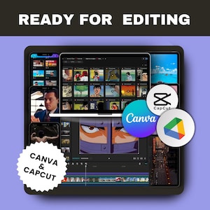 A graphic titled "Ready for Editing" shows a laptop and phone displaying video editing interfaces with various clips, along with Canva and CapCut logos.
