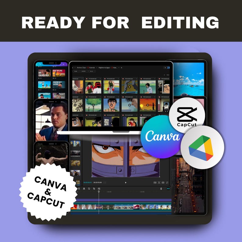 A graphic titled "Ready for Editing" shows a laptop and phone displaying video editing interfaces with various clips, along with Canva and CapCut logos.