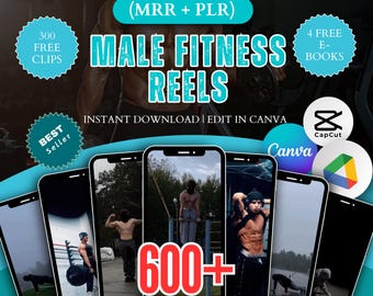 Op de afbeelding: Advertentie voor Etsy-listing templates met "Male Fitness Reels" en "Direct downloaden | Bewerken in Canva". De afbeelding toont smartphone-mockups met fitnessvideo's, plus Canva- en CapCut-pictogrammen. Inclusief "300 Free Clips".