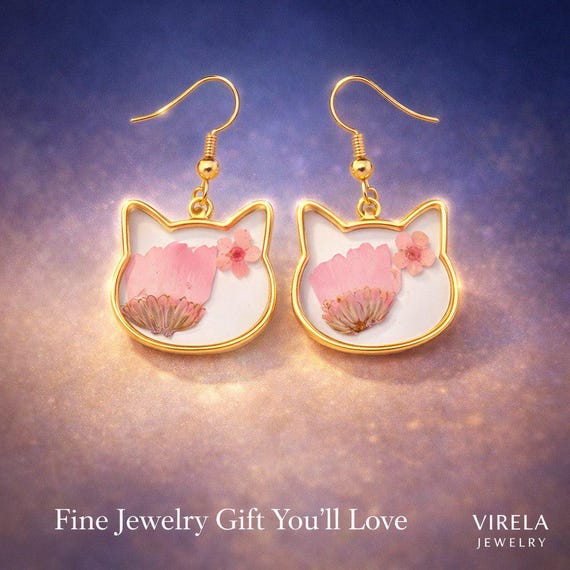 Cat Resin Earrings with Real Dried Flowers, Gold Tone Kitty Dangle Earrings, Cute Botanical Jewelry, Gift for Cat Lovers