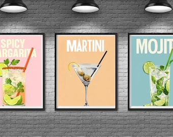 Cocktail Wall Art Prints – A4 & A3 Sizes, Fun Drink Illustrations, Kitchen or Bar Decor