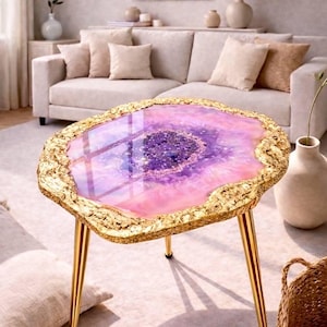 Crystal Geode-look Coffee Table, Handmade Epoxy Resin Purple Art  Side Table ,Modern Home Decor Gold legs