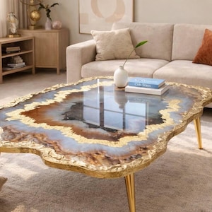 Handmade Epoxy Geode Coffee Table, Brown Gold Art Resin Side Table, Modern Home Decor