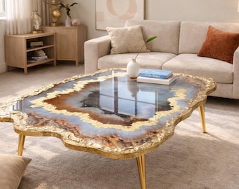 不規則な樹脂製コーヒーテーブル：ブラウン大理石ジオードアート