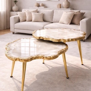 2 x Luxury Nesting Geode-look Coffee Tables, Handmade Epoxy Resin & Wood Art Marble Side Table Set,Modern Home Decor gold Legs