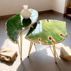 2 x Nesting Arty Coffee Table, Handmade Epoxy Resin Leaf style Art  Side Table ,Modern Home Decor Gold Legs