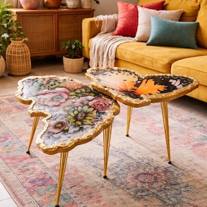 Juego de mesa de centro Butterfly Art, mesa de centro moderna, mesa auxiliar de resina epoxi con patas doradas.