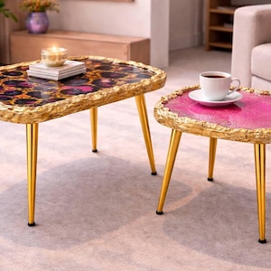 Arty Coffee Table, Handmade Epoxy Resin Pink tiger Art  Side Table ,Modern Home Decor gold  Legs