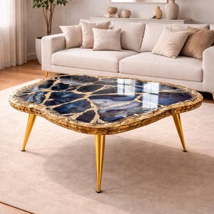 Stone-look Coffee Table, Handmade Epoxy Resin Black Art  Side Table ,Modern Home Decor  gold Legs