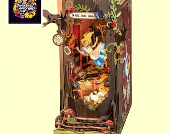 Wonderland Book Nook Kit, Wooden LED Bookshelf Insert, 3D Miniature Puzzle