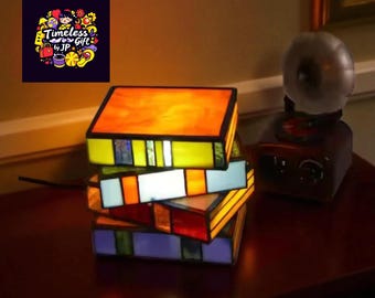 Stacked Book Vegan Minimalist Lamp Resin, Stained Glass Desk Light, Unique Library Decor