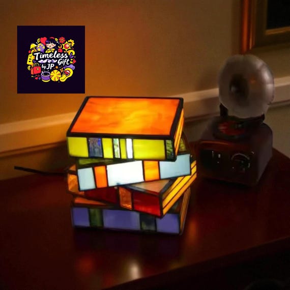 Stacked Book Vegan Minimalist Lamp Resin, Stained Glass Desk Light, Unique Library Decor