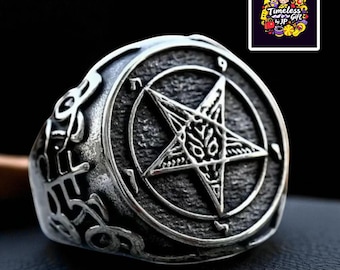 Gothic Pentagram Ring | Animal Design Adjustable Metal Band | Rock & Roll Style Jewelry | Minimalist Vegan-Friendly Statement Ring