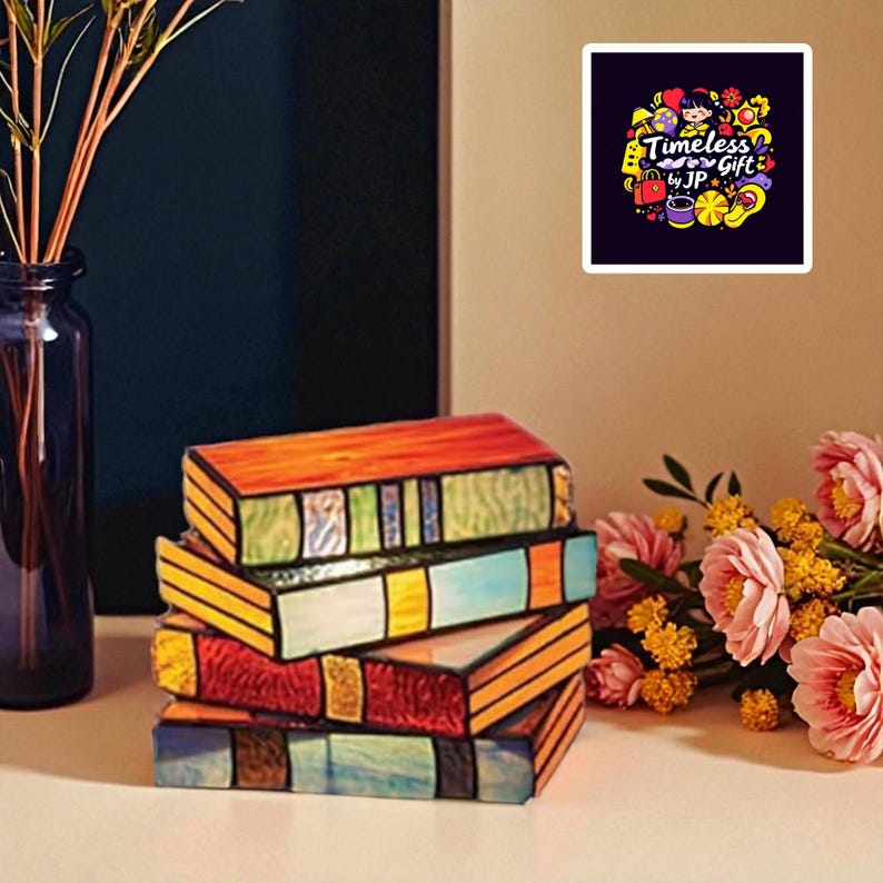 Stained Glass Style Book Lamp: Handmade Vintage Table Light Vegan and Minimalist style