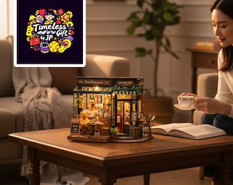 DIY Miniature Restaurant Dollhouse Kit, Vegan Wooden Bistro with LED Lights