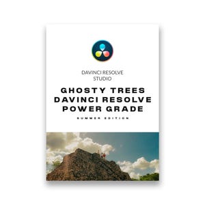 May include: A white rectangular graphic with the text "DAVINCI RESOLVE STUDIO" and "GHOSTY TREES DAVINCI RESOLVE POWER GRADE SUMMER EDITION". The bottom of the graphic shows a stone structure with people on top, set against a blue sky.