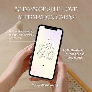 Tarjetas de Afirmaciones de Amor Propio de 30 Días – PDF imprimible diario para confianza, autoestima, atención plena y bienestar – Descarga instantánea