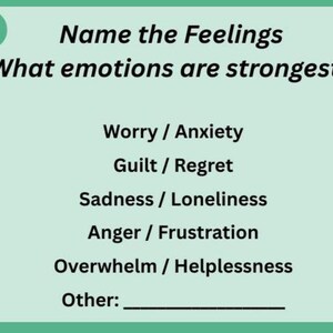 Puede incluir: Una tarjeta verde claro con el texto "Nombra los sentimientos" y "&iquest;Qu&eacute; emociones son m&aacute;s fuertes?" La tarjeta enumera emociones como preocupaci&oacute;n, culpa, tristeza, ira y agobio. Hay un espacio para escribir "Otro:"