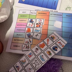 May include: A children's weekly planner with sections for each day, time slot, and activity. Includes illustrated activity cards for customization. The planner has the text "WEEKLY PLANNER FOR KIDS".