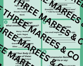 May include: A green and white worksheet titled "Parental Stress Reset Worksheet" with sections for identifying feelings, reframing thoughts, and grounding techniques. The text includes prompts for self-reflection and stress management.