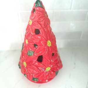 Ceramic Poinsettia Christmas Tree with Light Kit Red Ceramic Holiday Decor Retro Tree Centerpiece Illuminated Tree Holiday Table *PRE-ORDER*