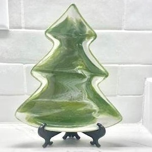 Christmas Tree Dish Green White Candy Treat Marbled Swirled Ceramic Holiday Kitchen Decor