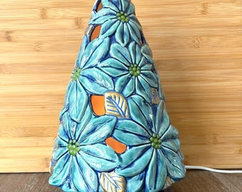Blue Ceramic Poinsettia Christmas Tree: Retro Holiday Decor with Light