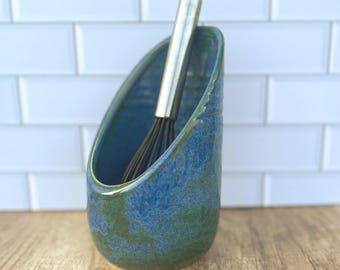 Standing Spoon Rest - Coastal Vertical Stoneware Serving Utensil Holder