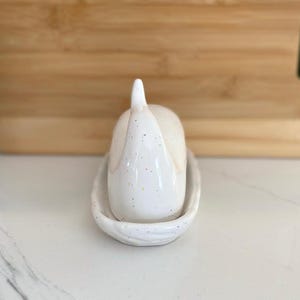 May include: A white ceramic garlic keeper with a speckled finish, resting on a matching oval dish. The garlic keeper has a rounded body and a pointed top. The set is designed for kitchen use.