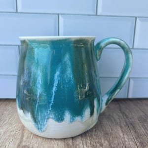 Mug Stoneware Large Colorful Teals- 26 ounces - Hand Painted Ceramic Pottery