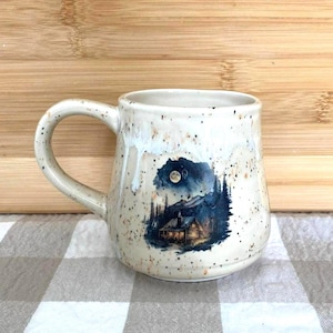 DISCOUNTED Ceramic Mug Coffee Tea Pottery Cup Mountain Cabin Scene 16 ounce Hand Painted Outdoors Themed Mug Gift