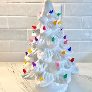 White Ceramic Christmas Tree with Multi or Clear Lights Holiday Gift Vintage Style Decor