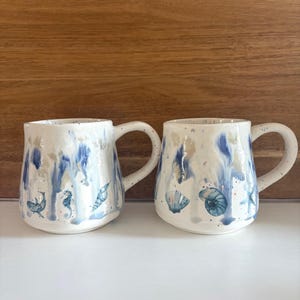 DISCOUNTED Ceramic Mug Coffee - Sea Creatures Seashells - Tea Pottery Cup 16 ounce Hand Painted Blue White Tan Kitchen Beverage Cup