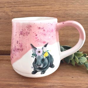Bunny Coffee Mug Stoneware - Rabbit Spring Pottery Tea Cup - Bunnies and Florals