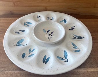 Deviled Egg Plate with Dish - 2 Piece Blue and White Leaves Ceramic Egg Platter - Round Serving Plate - Serving Dish
