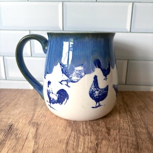 Chicken Rooster Mug - Coffee Cup Pottery - Hand Painted Stoneware 24 ounce
