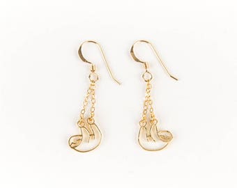 Sloth Dangle Earrings, Sloth Jewelry, 14kt Gold or Sterling Silver Sloth Earrings, Tiny Sloth