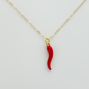 May include: A gold chain necklace featuring a small, red chilli pepper pendant. The pendant is a bright red colour and hangs from a delicate gold chain. The necklace is shown against a white background.