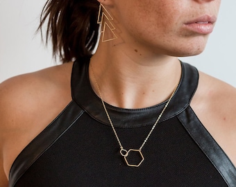 Gold Hexagon Necklace, Double Hexagon 14k Gold Necklace, Geometric Jewelry, Power, Strength, Layering Necklace, Hexagon Necklace